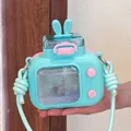 Cute mint green rabbit ear water bottle with straw and crossbody strap for girls - 600ml / Blue