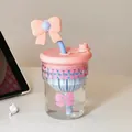 Ästhetische rosa Schleife Strohglastasse für den Schreibtisch im süßen Mädchenstil - 500ml / Rosa
