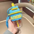 Close-up of stylish blue and yellow water bottle with straw and SUMMER sleeve. - Blue Body With Strap (2696) / 500ml / Blue