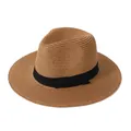 Classic Panama straw hat in khaki with a decorative black ribbon band for summer. - 3-Fold Band (Fixed Strap) / Coffee