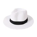 Classic white Panama straw hat with elegant black ribbon band for beach sun protection - 3-Fold Band (Fixed Strap) / White