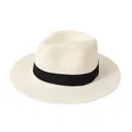 Summer cream-white Panama straw hat variant featuring a classic black tri-fold band detail - Beige