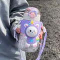 Purple children's water bottle with cute cartoon unicorn design and portable straw strap - Unicorn Design / 680ML / Purple
