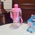 Detailed macro view of the cute pink ice cream themed plastic water bottle with its strap - 880ml / Pink