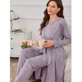 Soft purple three-piece loungewear set featuring V-neck top, matching pants and robe - S / Top And Bottom / Three-Piece Set / Purple