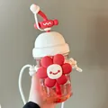 Süße rote Sonnenblumen Plastik Strohhalm Wasserflasche mit weißem Gurt für Mädchen - 700ml / Sonnenblumen-Stil (BSQ-872) / Weiß-Rot