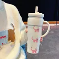 Weißer Thermobecher aus Edelstahl mit Griff und niedlichen rosa Katzenmustern für Mädchen - 700ml / Weiß Rosa Katze