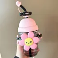 Süßer rosa Sonnenblumen-Trinkbecher aus Kunststoff mit Strohhalm und Trageriemen - 700ml / Sonnenblumen-Stil (BSQ-872) / Schwarz Rosa