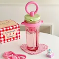 Portable pink and green straw water cup with tea filter and convenient pink carry strap - With Shoulder Strap / Pink