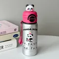 Cute panda silver stainless steel vacuum flask with pink 3D topper and carrying strap - 550ml / 3D Panda Decorative Style / Silver