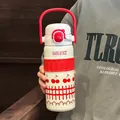 Portable 316 stainless steel insulated water bottle with cherry print and handle - 600ml / Deep Red Cherry