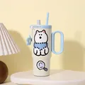 Ins-Stil Edelstahl-Isolierbecher in Creme mit Griff, Strohhalm und süßem Bären-Design. - Ice Bully Becher-Blau Weiß (Mit Anhänger + Aufklebern) / 750ml / Blau und Weiß