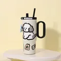 Moderner 40oz Edelstahl Thermobecher mit praktischem Griff und süßem Hundemotiv in Weiß - Ice Bully Becher-Schwarz Weiß (Mit Anhänger + Aufklebern) / 750ml / Schwarz Weiß