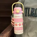 Handheld 316 stainless steel insulated straw cup with floral pattern in pink and beige - 600ml / Pink Dream Garden