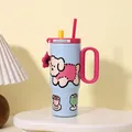Isolierbecher 40oz aus Edelstahl mit Griff und Strohhalm, niedliches Cartoon-Hunde-Design - Ice Bully Becher-Rosa Blau (Mit Anhänger + Aufklebern) / 750ml / Hellblau
