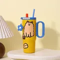 Gelber 40oz Thermobecher mit süßem Capybara-Print und Griff-Strohhalm - Blau und Gelb