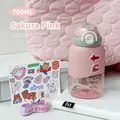 760ml Sakura Pink kids water bottle with straw, shoulder strap, and cute stickers - 760ml / Pink