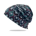 Unisex slouchy σκουφάκι με έθνικ τριβάλ γεωμετρικό μοτίβο σε σκούρο μπλε και μπλε - M (56-58cm) / Μαύρο + Μοτίβο Ρόμβου