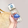 Cute transparent glass water bottle featuring a UFO print and blue cat paw flip lid - Spaceship Pattern (BSQ-441 Spaceship) / 380ml / White Dove Blue