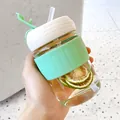 Handheld portable glass coffee cup with mint green silicone sleeve and reusable straw lid - Without Stickers / 350-400ml / Cyan
