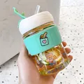 Cute portable glass coffee cup with straw and heat-insulated mint green silicone sleeve - With Exquisite Stickers / 350-400ml / Cyan