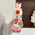 Close-up view of a cute Tritan water bottle featuring a bear doll lid and integrated straw. - 525ml / White