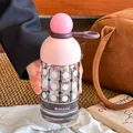 Creative pink ball lid high borosilicate glass water bottle with straw for students - 310ml / Pink with Brown