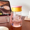 Portable high-aesthetic pink and yellow glass water bottle with lanyard and autumn print - 450ml / Pink Yellow