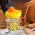 Vibrant dopamine style glass cup with yellow lid orange handle and straw detail - 400ml / Yellow