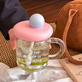Cute dopamine style glass water cup with pink lid, blue knob and built-in straw handle - 400ml / Pink