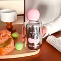 Gourde portable en verre borosilicate effet miroir avec motif cerise et bouchon rose - 330ML / Rose