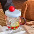 Aesthetic dopamine glass water cup with handle, blue lid, and red apple pattern design - 400ml / Blue