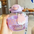Close-up view of a purple cartoon rabbit straw cup with a soft silicone sleeve and carry strap - 850ml / Purple (s-2009)