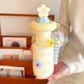Cute cream floral glass water bottle with straw and beaded flower charm for women - 700ml / Yellow