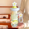 Cute heat-resistant glass water bottle with flower lid and matching beaded flower charm - 700ml / Blue