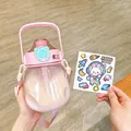Pink large capacity belly water bottle with straw, carry handle and DIY cartoon stickers - 1000ml / Pink (With Stickers)
