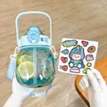 Detailed view of light blue big-belly water bottle with straw and cartoon stickers - 1000ml / Blue (With Stickers)
