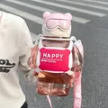 Cute pink bear-shaped plastic water bottle with adjustable strap and straw for kids - 800ML / Pink