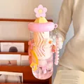 Cute portable heat-resistant flower glass water bottle with tea infuser and pink lid - 700ml / Pink