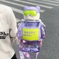 Cute purple bear-shaped plastic water bottle with straw and adjustable carry strap - 800ML / Purple