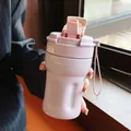 Purple minimalist insulated coffee cup featuring a straw and convenient handle strap - 400ml / Purple (XJ-325)