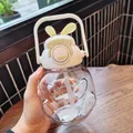 Borraccia trasparente in plastica con orecchie di coniglio, cannuccia e manico per ragazze - 1000ml / Verde