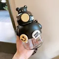 Cute black cartoon bear plastic water bottle with straw and adjustable strap for kids - 730ml / Black