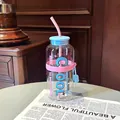 Bouteille d'eau moderne en verre haute capacité avec paille rose et bande décorative - 730ml / Transparent Blue Pink (GP-4140B)