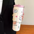 Großer Thermo-Becher aus Edelstahl mit niedlichen Cartoons und rosa Tragegriff - 700ml / Rosa Deckel Hase