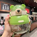 Cute green bear-shaped portable water bottle with straw and adjustable strap for kids - 1000ml / Standard Style (CH2316 Green) / Green