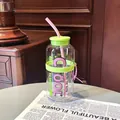 Bouteille en verre minimaliste avec paille et accents vert fluo de grande capacité - 730ml / Transparent Green Pink (GP-4140B)