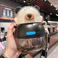Kawaii bear-shaped plastic water bottle in black and white with a portable strap - 1000ml / Standard Style (CH2316 Black) / Black