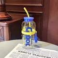 Grande bouteille d'eau en verre transparent avec paille, bouchon bleu et COOL - 730ml / Transparent Blue Yellow (GP-4140B)