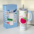 900ml isolierter Edelstahl-Thermobecher mit süßem Erdbeerdruck, Griff und Halm - 700ml / Blau Erdbeere Mädchen